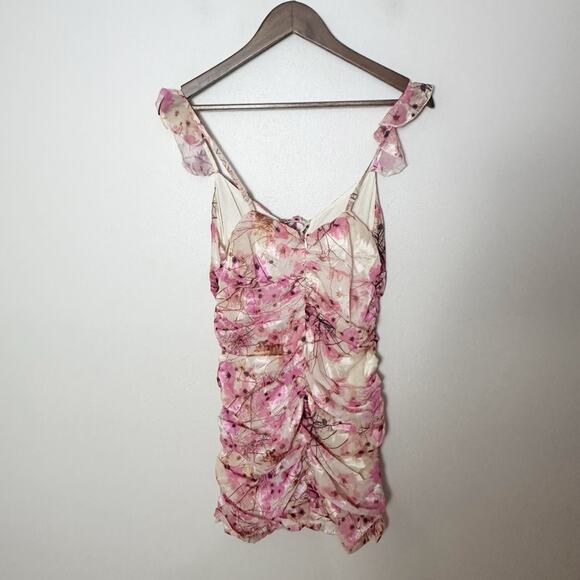 Fanco Pink Floral Ruched Mini Dress Small Ruffle Tie Front Cottagecore Fairy - Picture 7 of 12